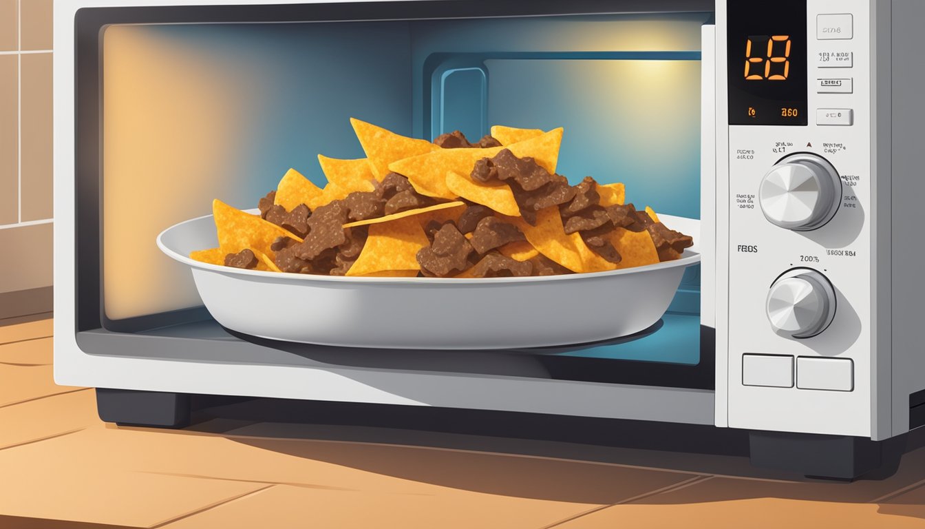 A plate of beef nachos sits in a microwave. The timer reads 30 seconds as the warm glow of the appliance fills the kitchen