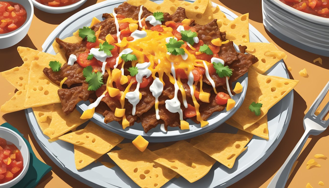 A plate of beef nachos sits on a table, covered in melted cheese and topped with fresh salsa. The nachos appear to be fresh and appetizing