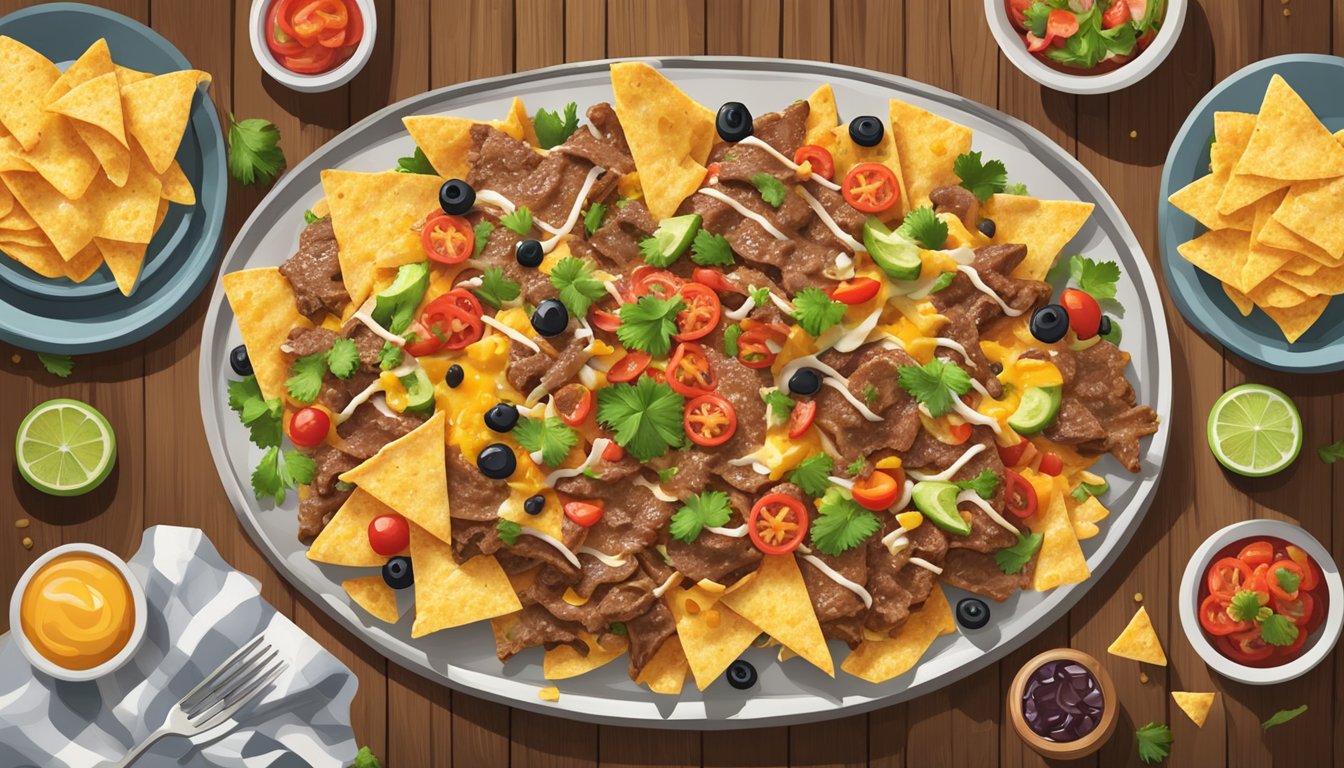 A platter of beef nachos sits on a wooden table, surrounded by colorful toppings and garnishes. The cheese is melted and bubbling, and the chips are arranged in an appealing manner