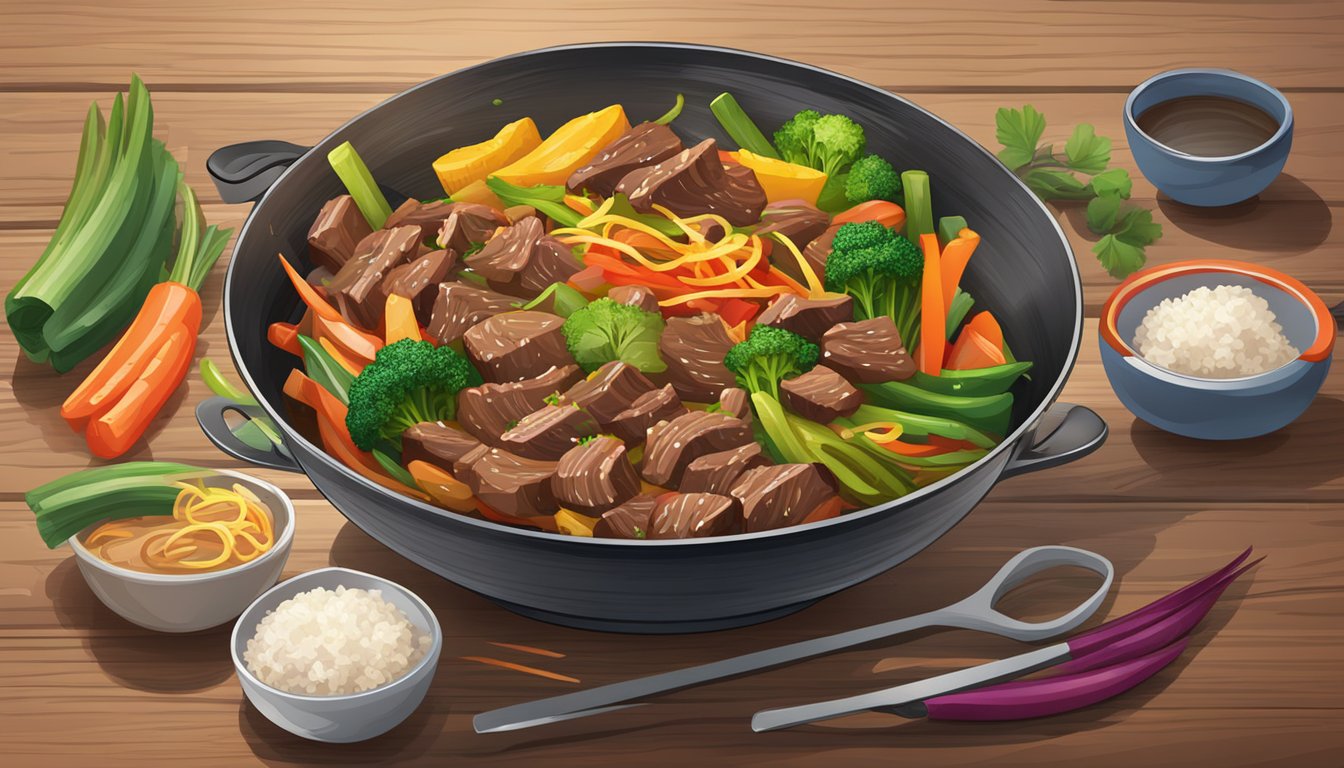 A sizzling beef stir fry bowl sits on a wooden table, steam rising from the colorful mixture of vegetables and tender strips of beef