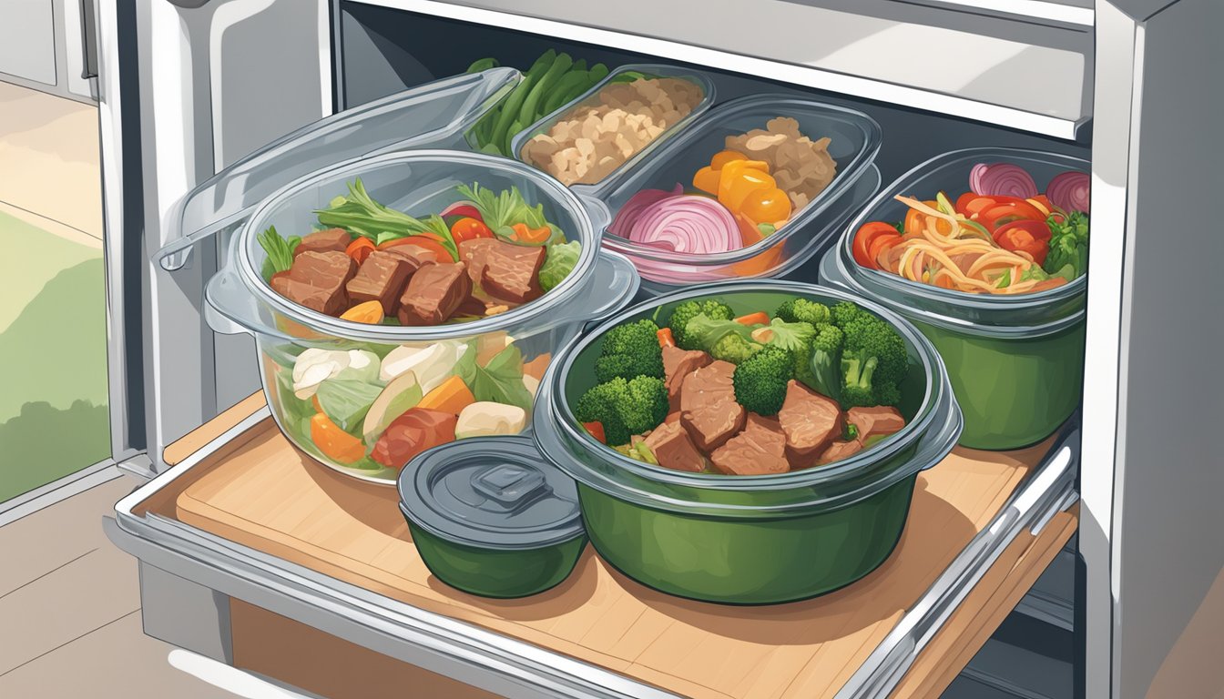 A beef stir fry bowl sits in the fridge, covered with a lid. Various containers of leftover vegetables and meat are nearby