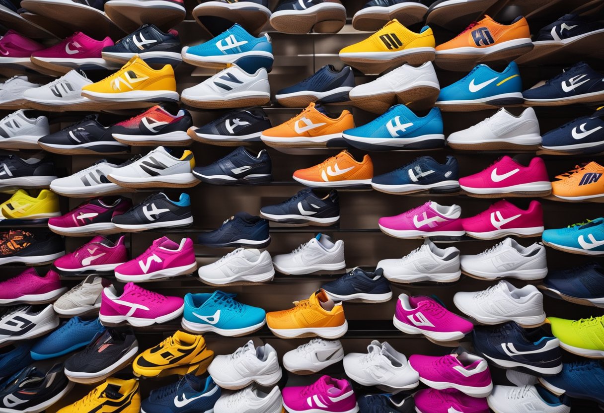 A pile of colorful volleyball shoes arranged in a display, with logos and branding visible