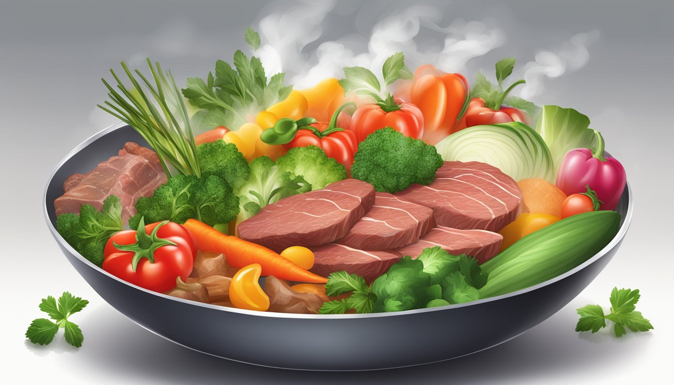 A colorful array of fresh vegetables, slices of tender beef, and aromatic herbs and spices arranged in a bowl, with steam rising from the hot stir fry