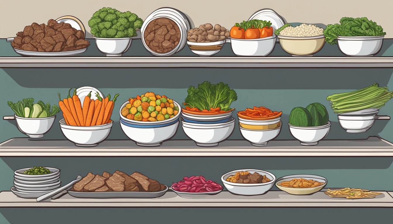 A kitchen shelf with neatly stacked beef stir fry bowls, surrounded by fresh vegetables and a calendar indicating expiration dates