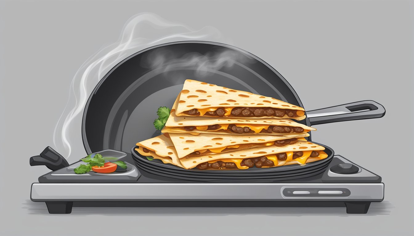 A sizzling beef quesadilla sits on a hot skillet, steam rising as it cooks. The melted cheese oozes out from the edges, filling the air with a savory aroma