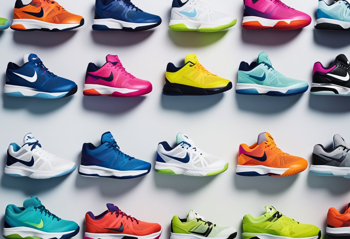 A lineup of colorful volleyball shoes arranged in a grid pattern on a clean, white background