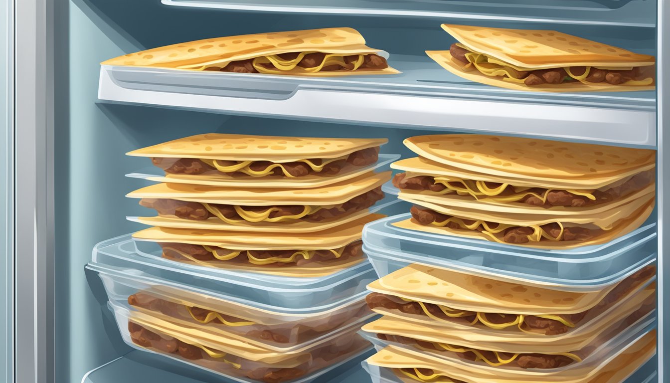 A stack of beef quesadillas arranged in airtight containers in a refrigerator