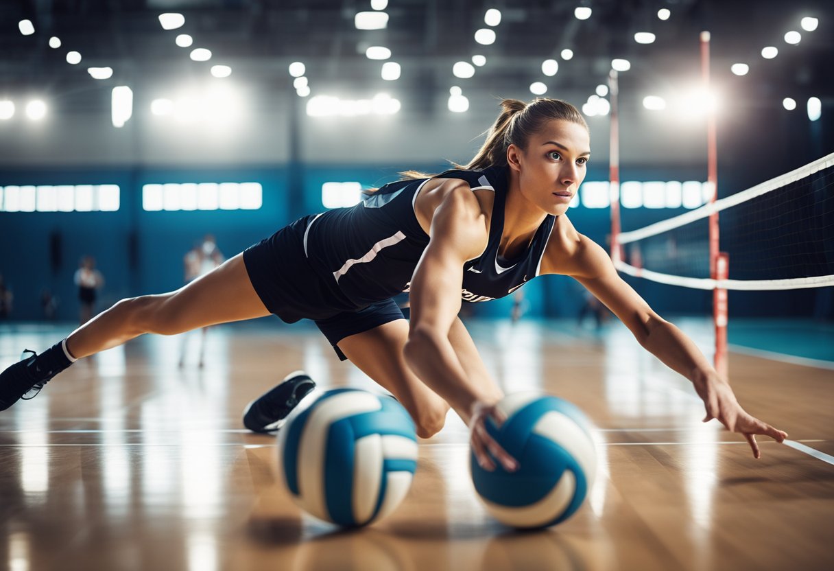 A dynamic volleyball player wearing the latest shoe brands, surrounded by futuristic volleyball equipment and innovative technology