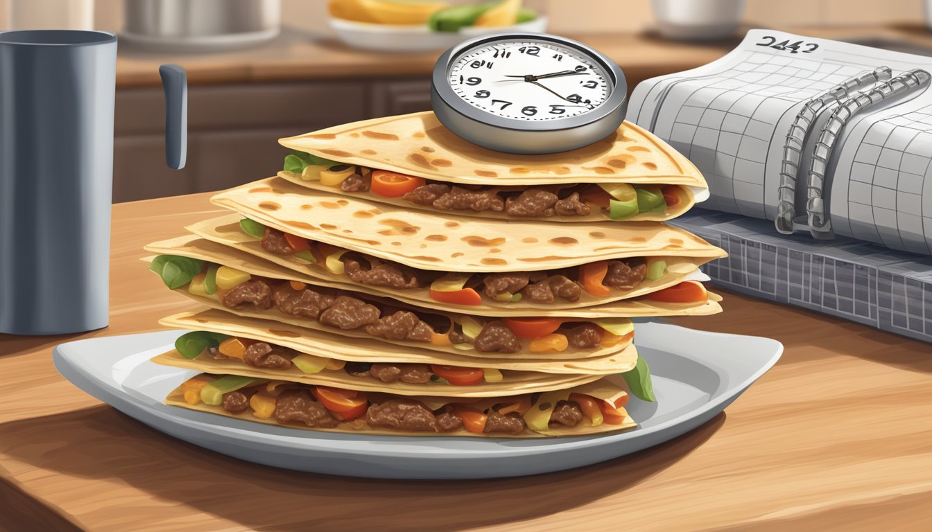 A stack of beef quesadillas on a kitchen counter, with a calendar showing the current date, and a clock displaying the time