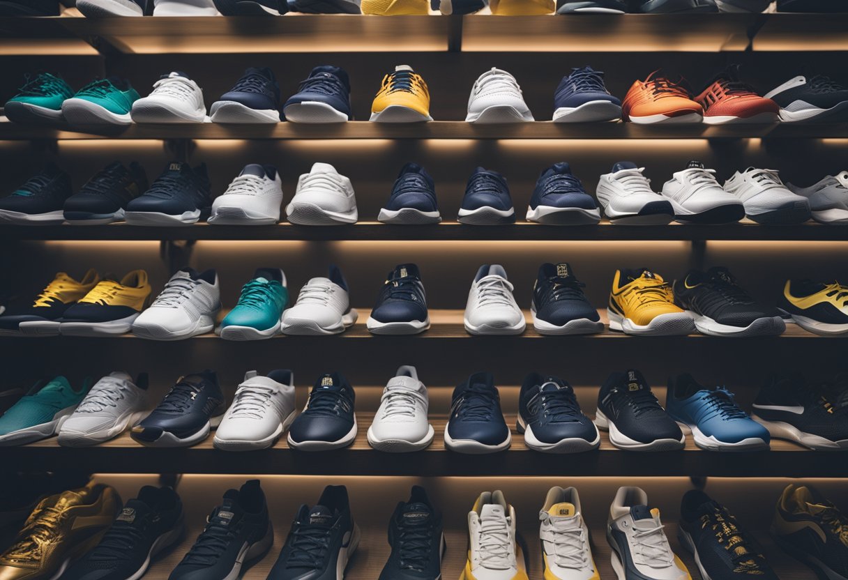 A display of various volleyball shoes from top brands arranged neatly on shelves with a sign reading "Frequently Asked Questions: Best Volleyball Shoe Brands."