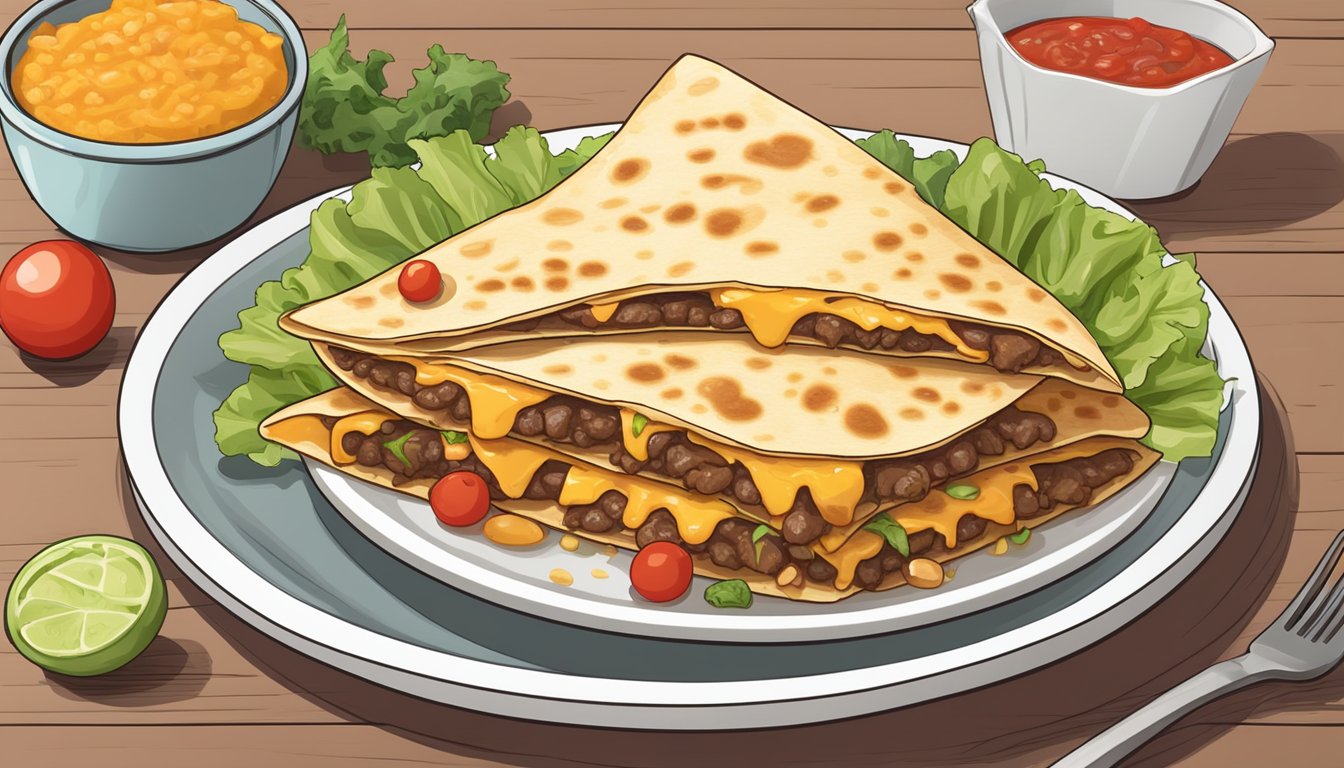 A beef quesadilla sits on a plate, covered in melted cheese and diced tomatoes. The plate is surrounded by fresh lettuce and a side of salsa