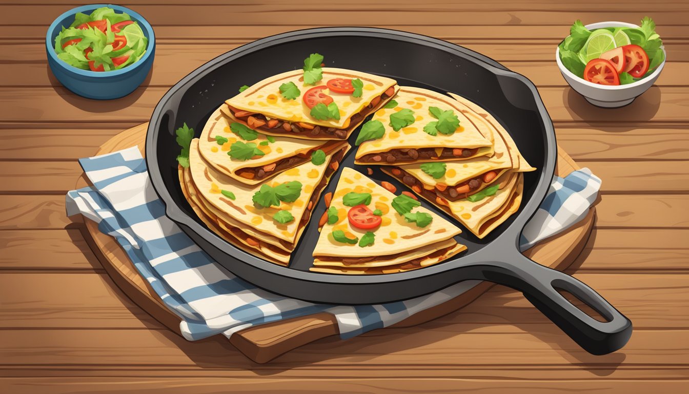 A sizzling skillet of beef quesadillas with melted cheese and fresh toppings on a wooden table