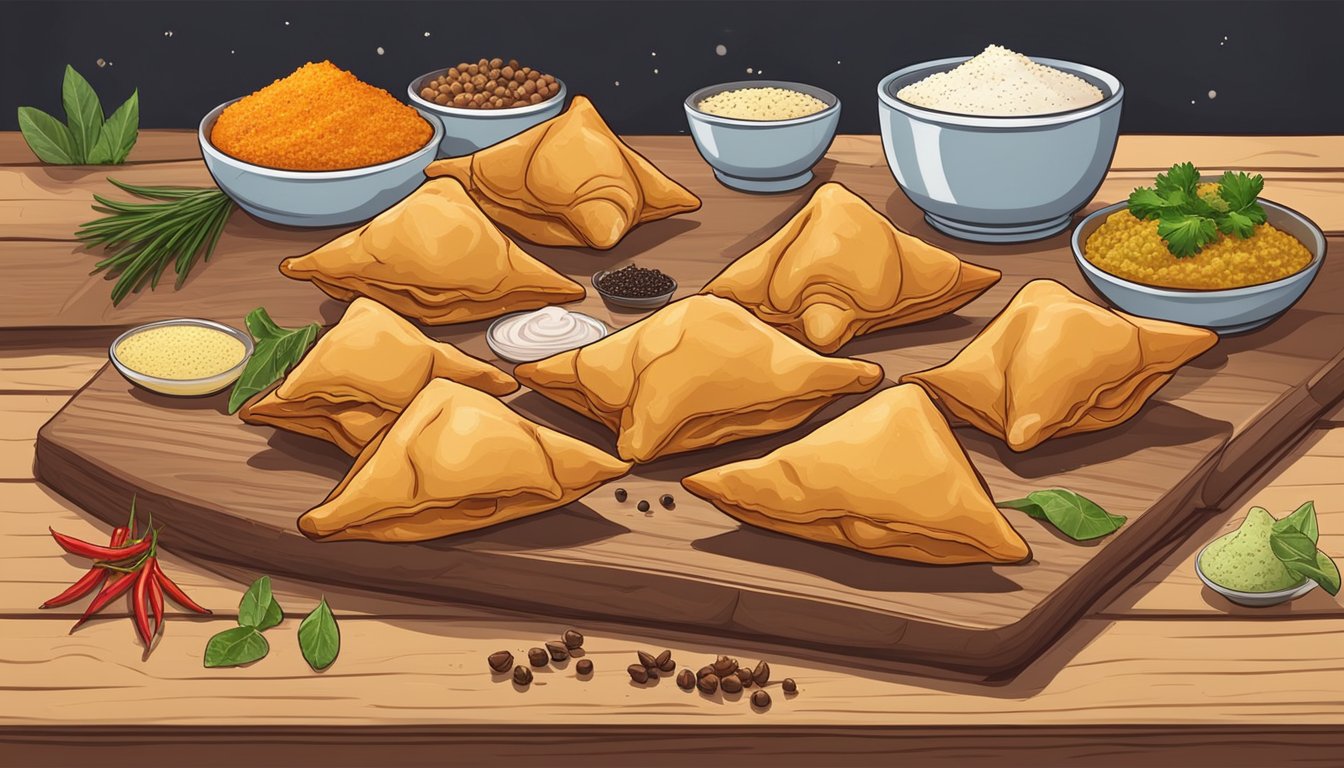 A plate of freshly fried beef samosas sits on a wooden cutting board, surrounded by various spices and ingredients used in the preparation process