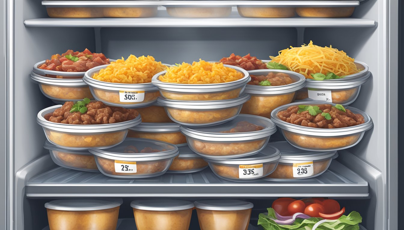 A stack of sealed beef taco bowls in a refrigerator, with a date label indicating the expiration date