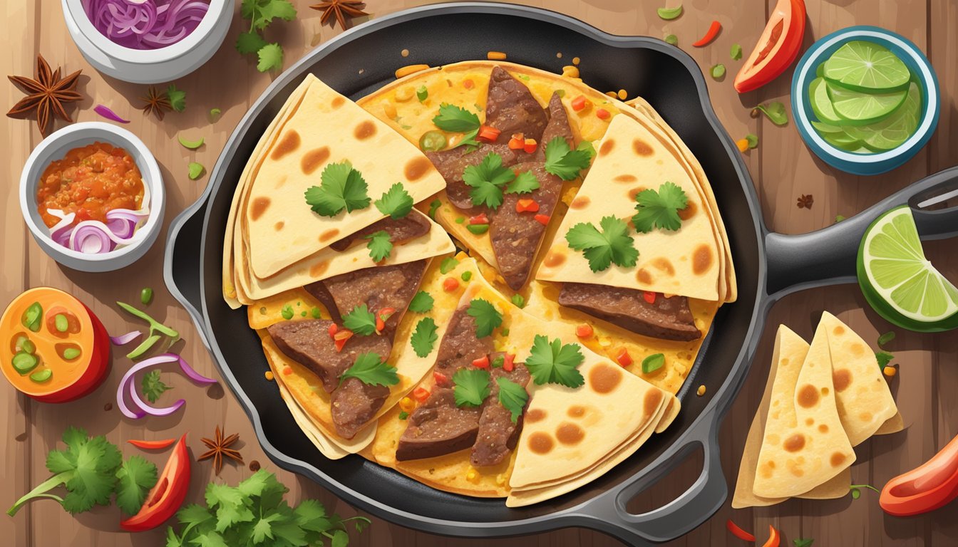 A sizzling skillet with beef quesadillas, bubbling cheese and golden tortillas, surrounded by colorful ingredients and spices