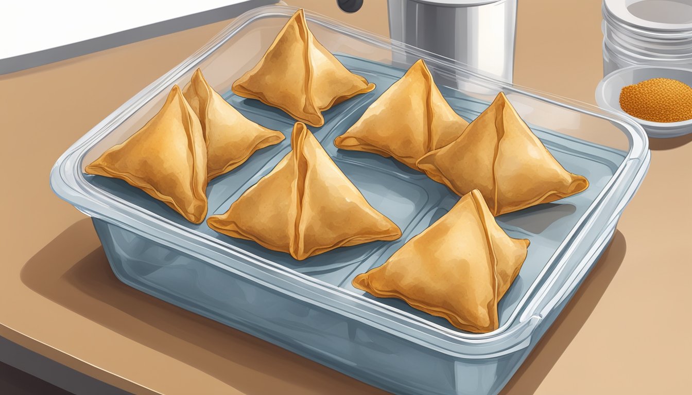 Beef samosas stored in airtight container on a kitchen counter