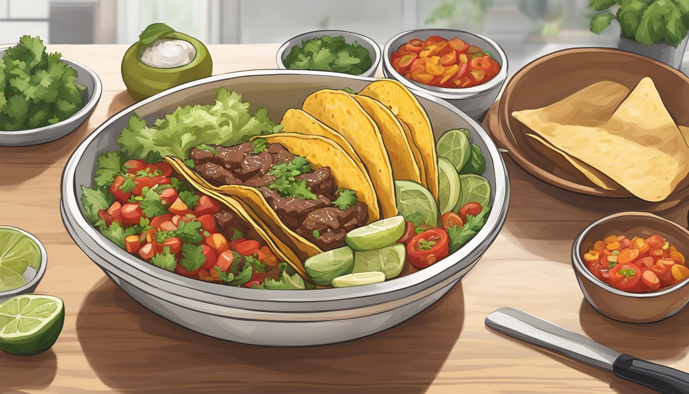 A beef taco bowl sits on a kitchen counter, surrounded by fresh ingredients. The bowl is covered with a lid to maintain its freshness and quality