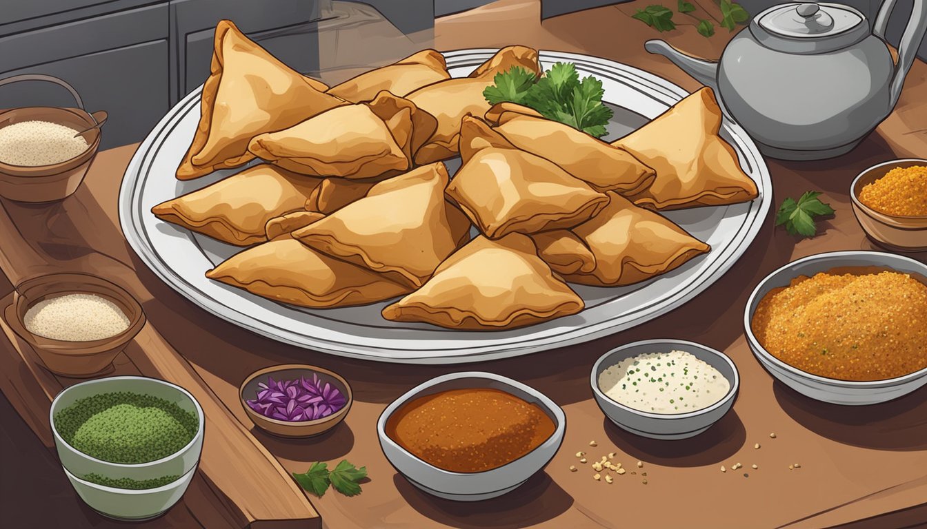 A plate of beef samosas sits on a kitchen shelf, surrounded by various spices and ingredients. The samosas are freshly baked and still warm, ready to be enjoyed