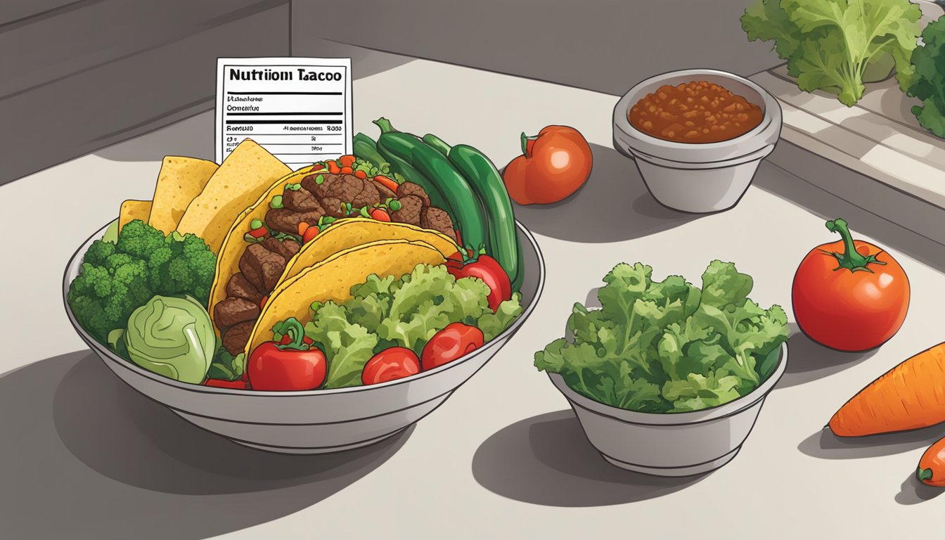 A beef taco bowl sits on a kitchen counter next to a stack of colorful vegetables and a nutrition label