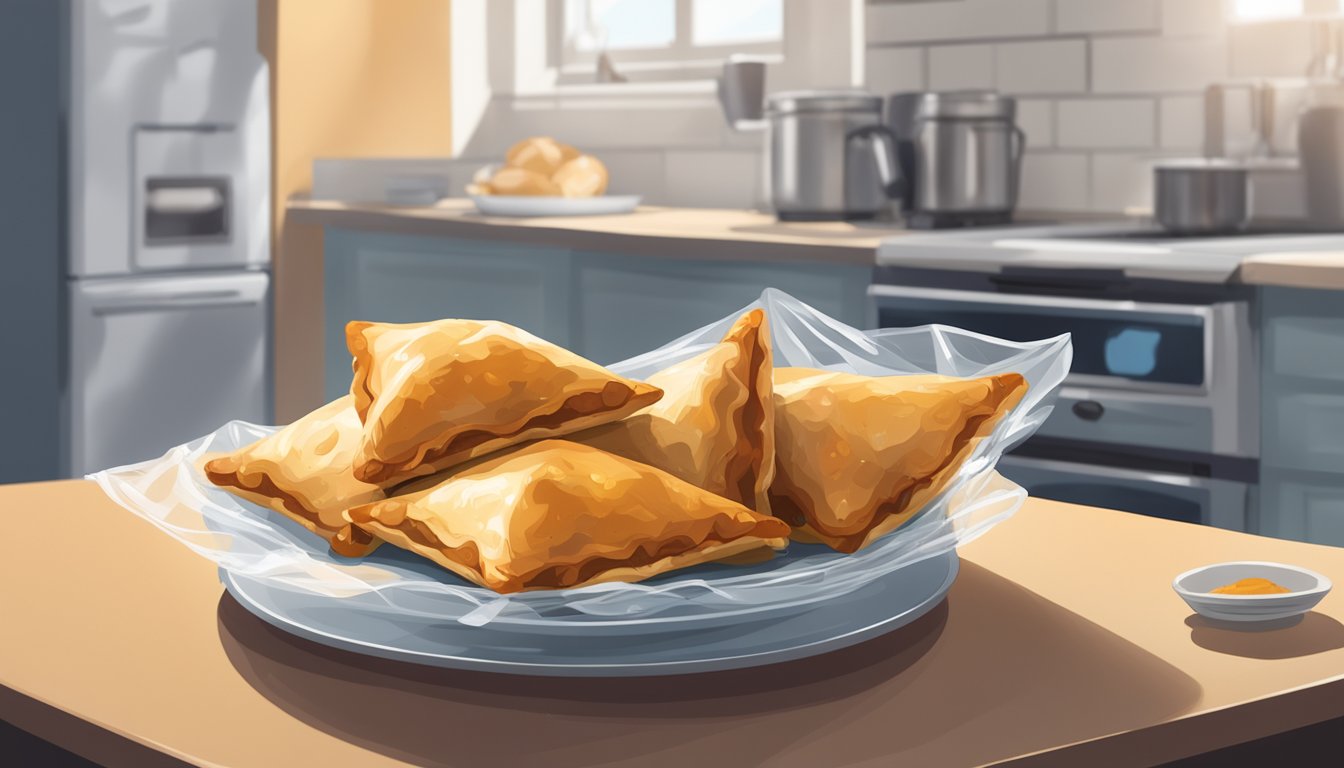 A plate of beef samosas sits on a kitchen counter, covered with a clear plastic wrap. The room is well-lit and clean, with a clock on the wall showing the current time