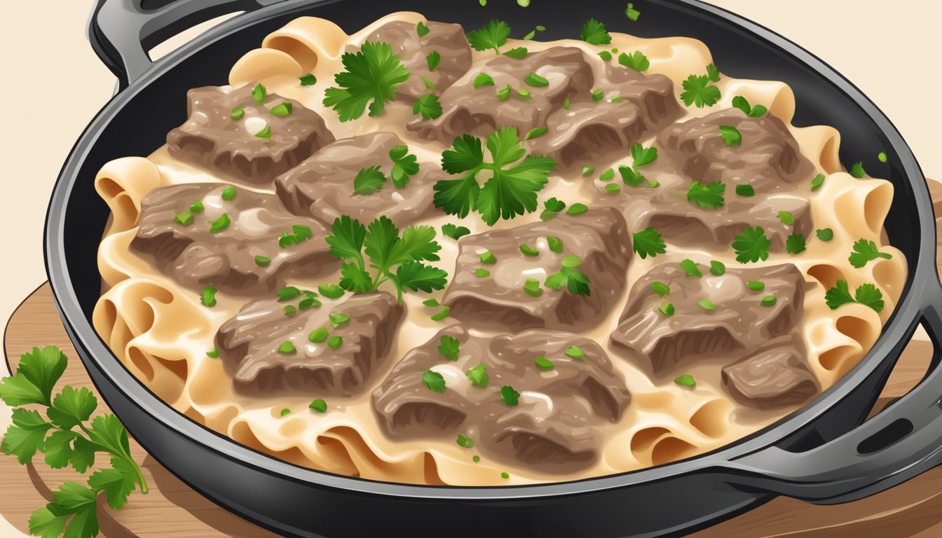 A sizzling skillet of beef stroganoff bites, steaming and rich with creamy sauce, surrounded by a garnish of fresh parsley and a sprinkle of paprika