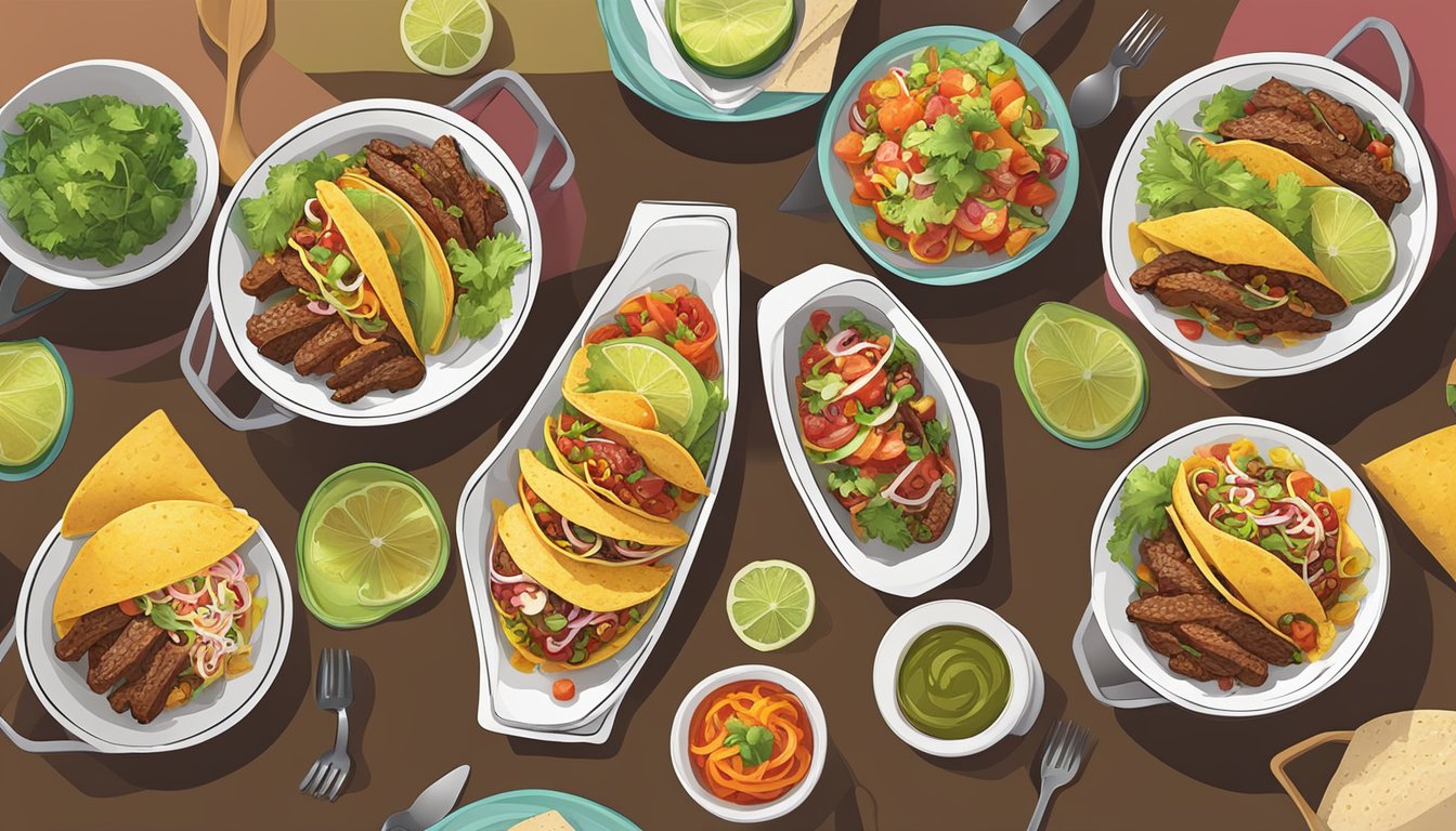 A colorful table setting with a variety of beef taco bowls arranged in an artistic and innovative manner, showcasing different serving suggestions