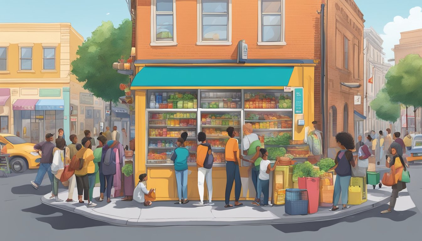 A bustling street corner with a colorful, well-stocked community fridge surrounded by people of diverse backgrounds accessing and contributing food