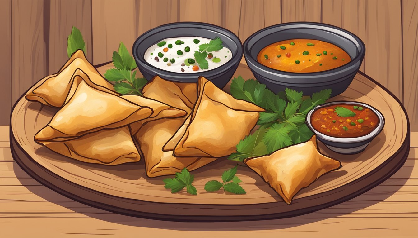 A plate of beef samosas sits on a wooden table, surrounded by colorful spices and herbs. A small bowl of dipping sauce is placed next to the samosas