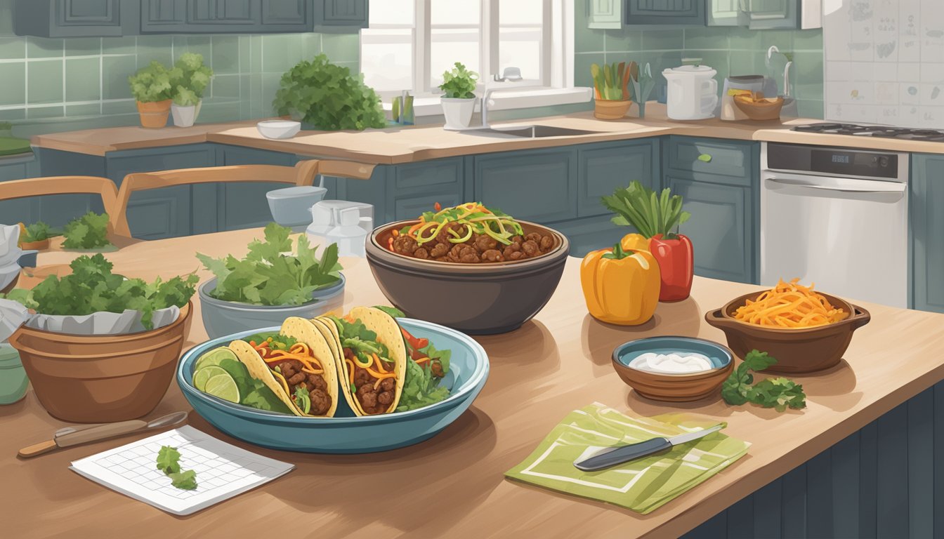 A beef taco bowl sits on a kitchen counter, surrounded by fresh ingredients and a calendar showing the date