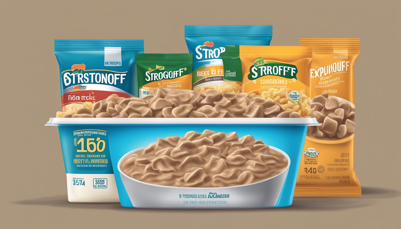 A sealed container of beef stroganoff bites sits on a shelf, surrounded by a variety of food items. The expiration date is prominently displayed on the packaging