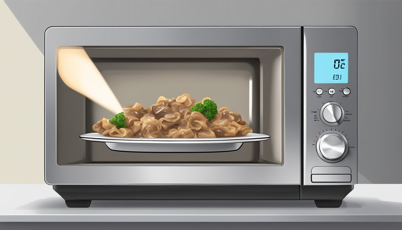 A microwave with a plate of beef stroganoff bites inside, the timer set for reheating