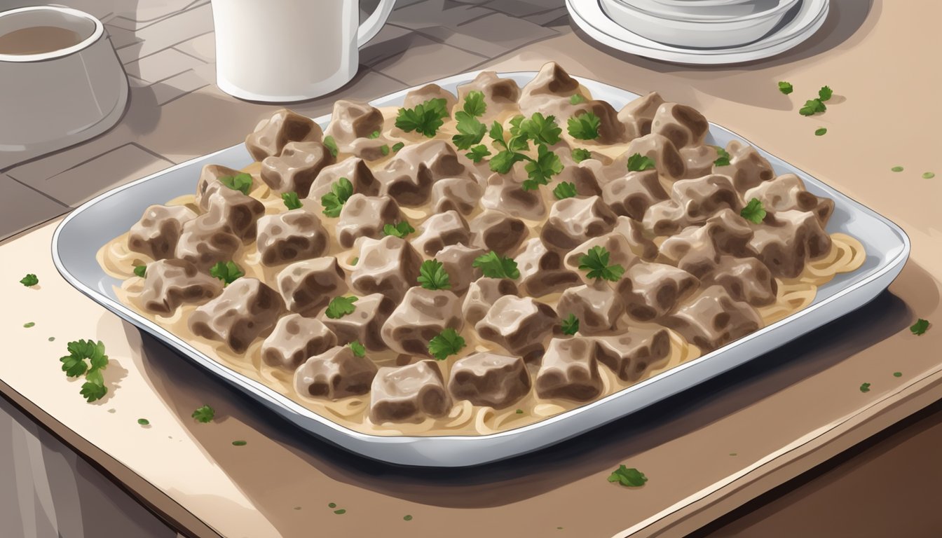 A plate of beef stroganoff bites left on the counter, with visible signs of mold and discoloration on the food