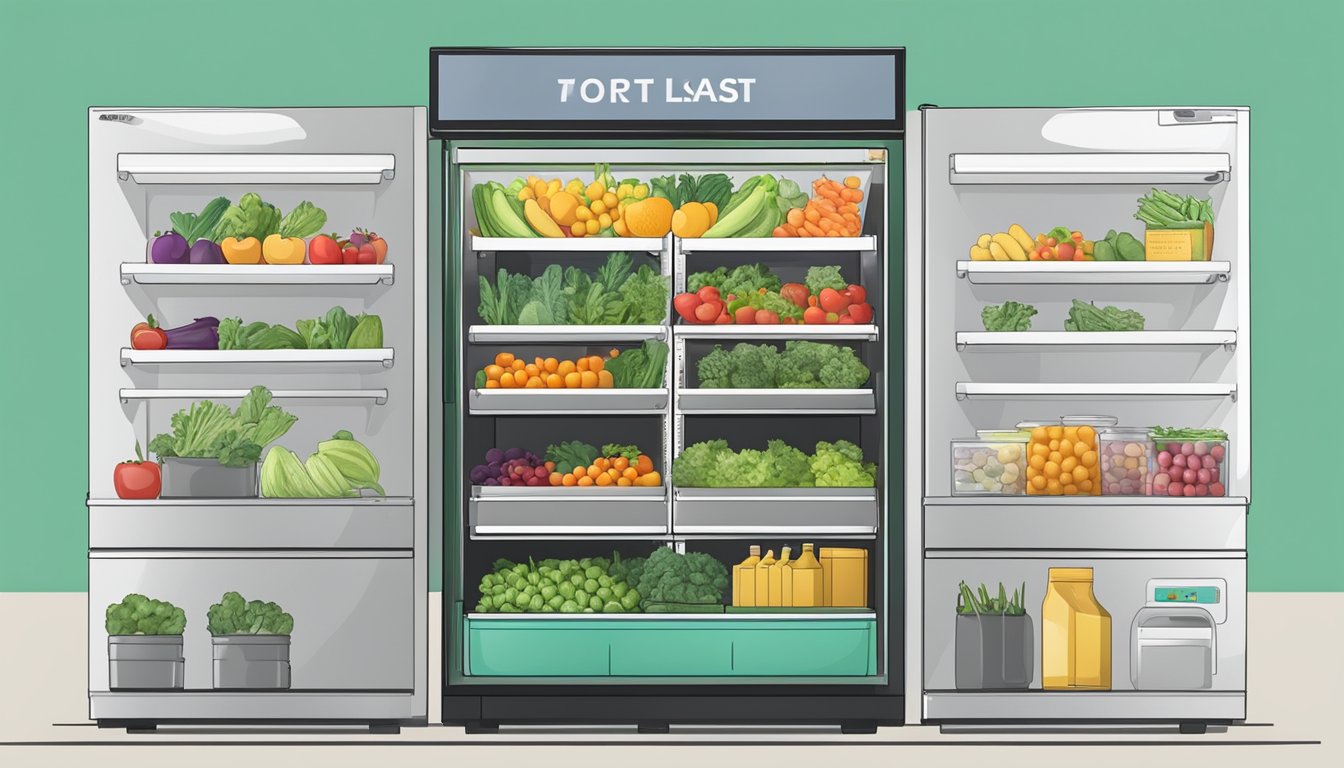 A local community fridge stands open, stocked with fresh produce and labeled with operational guidelines