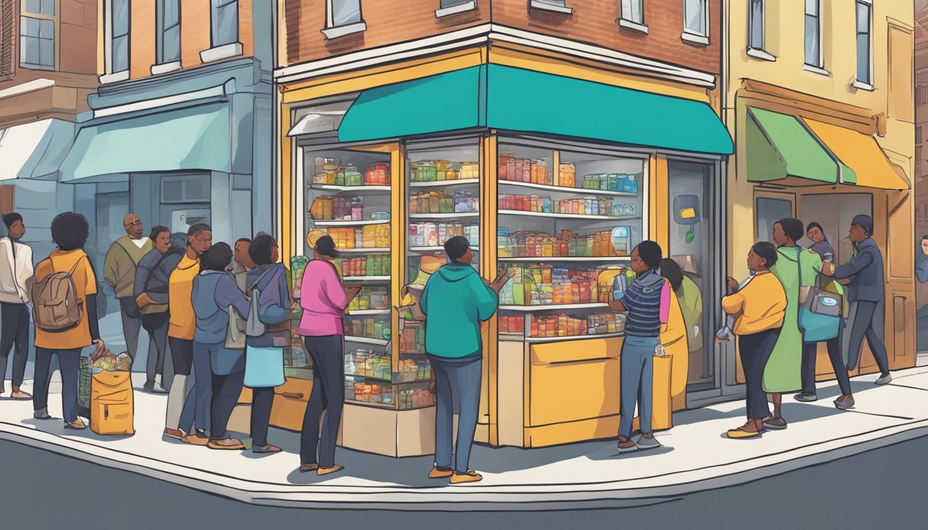 A bustling street corner with a colorful, well-stocked community fridge surrounded by diverse individuals making donations and taking items