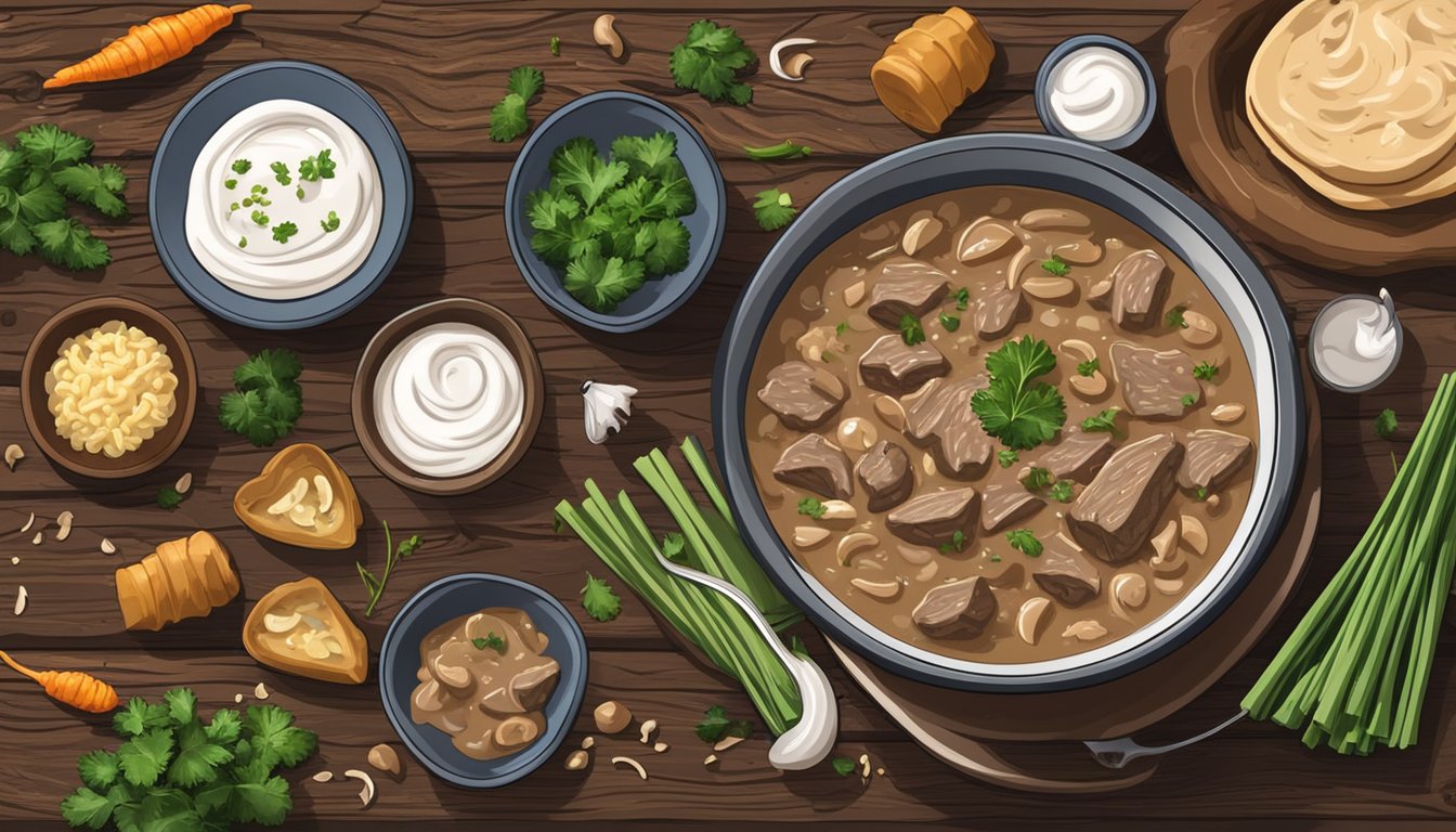 A steaming bowl of beef stroganoff sits on a rustic wooden table, surrounded by a few scattered ingredients like mushrooms and sour cream