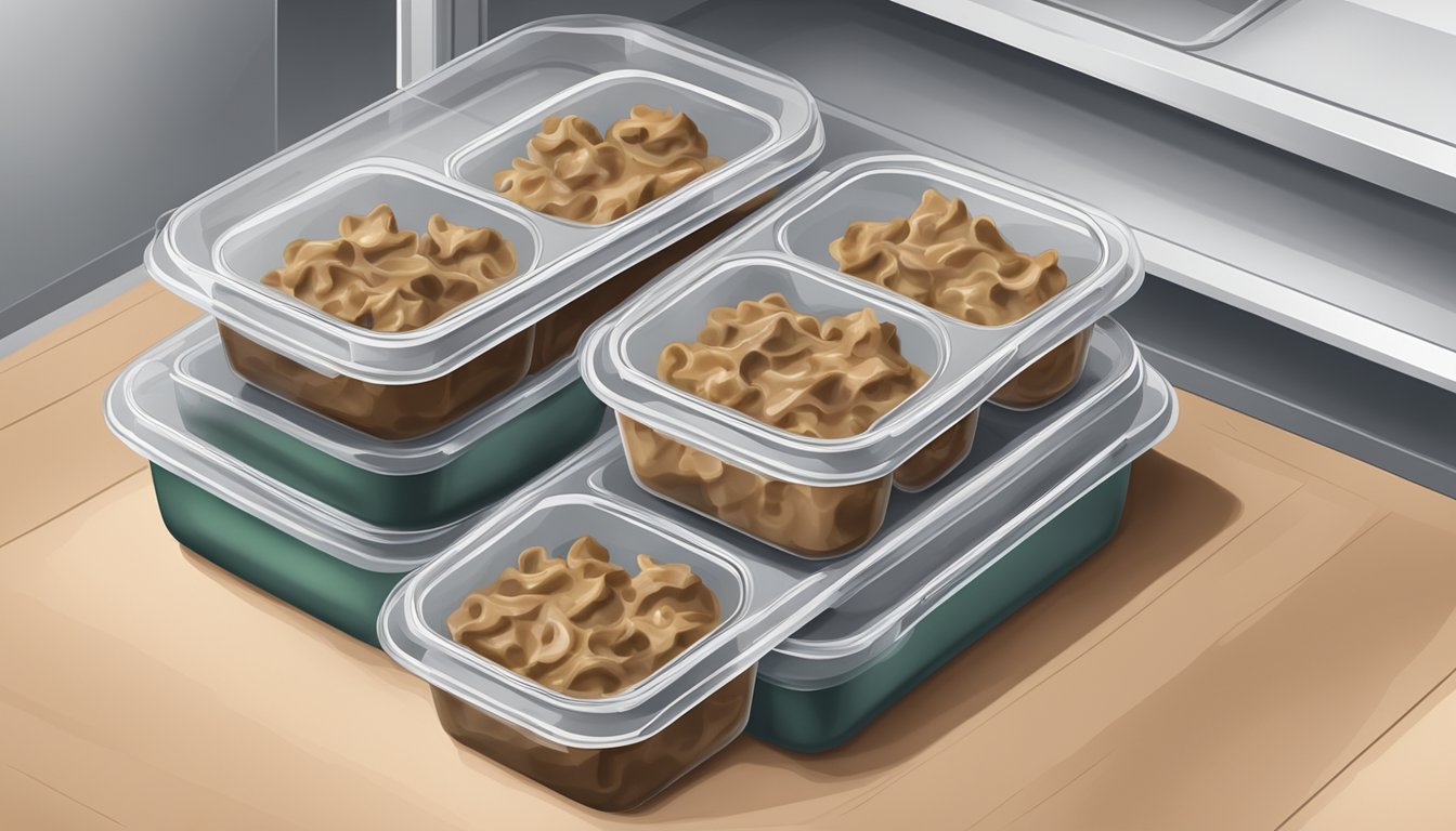 A batch of beef stroganoff bites stored in airtight containers in a refrigerator