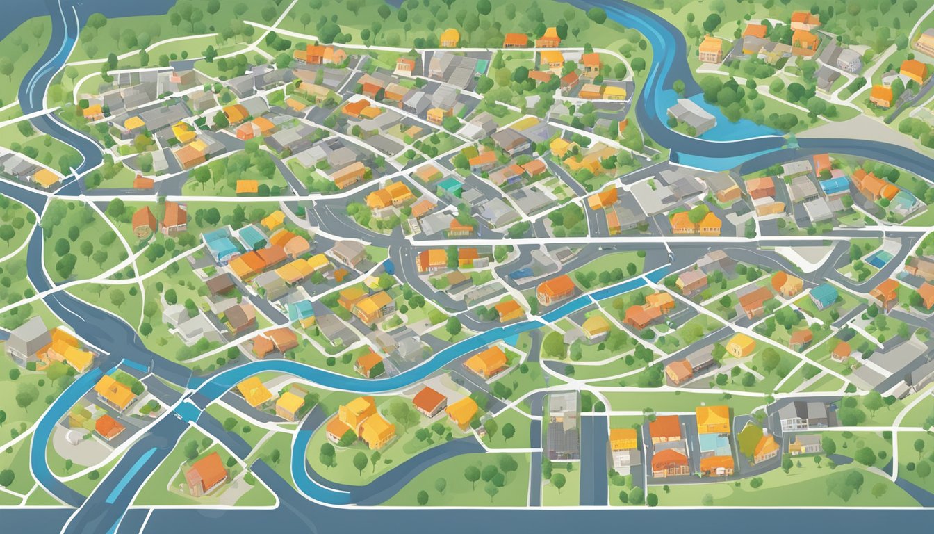 A colorful map of Meridian, ID with multiple community fridge locations highlighted, surrounded by diverse neighborhoods and accessible streets