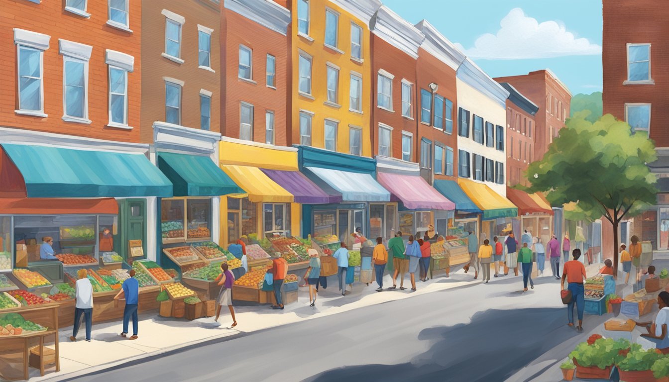 A bustling street in Lexington, Kentucky with colorful community fridges lining the sidewalk, filled with fresh food and surrounded by people exchanging goods