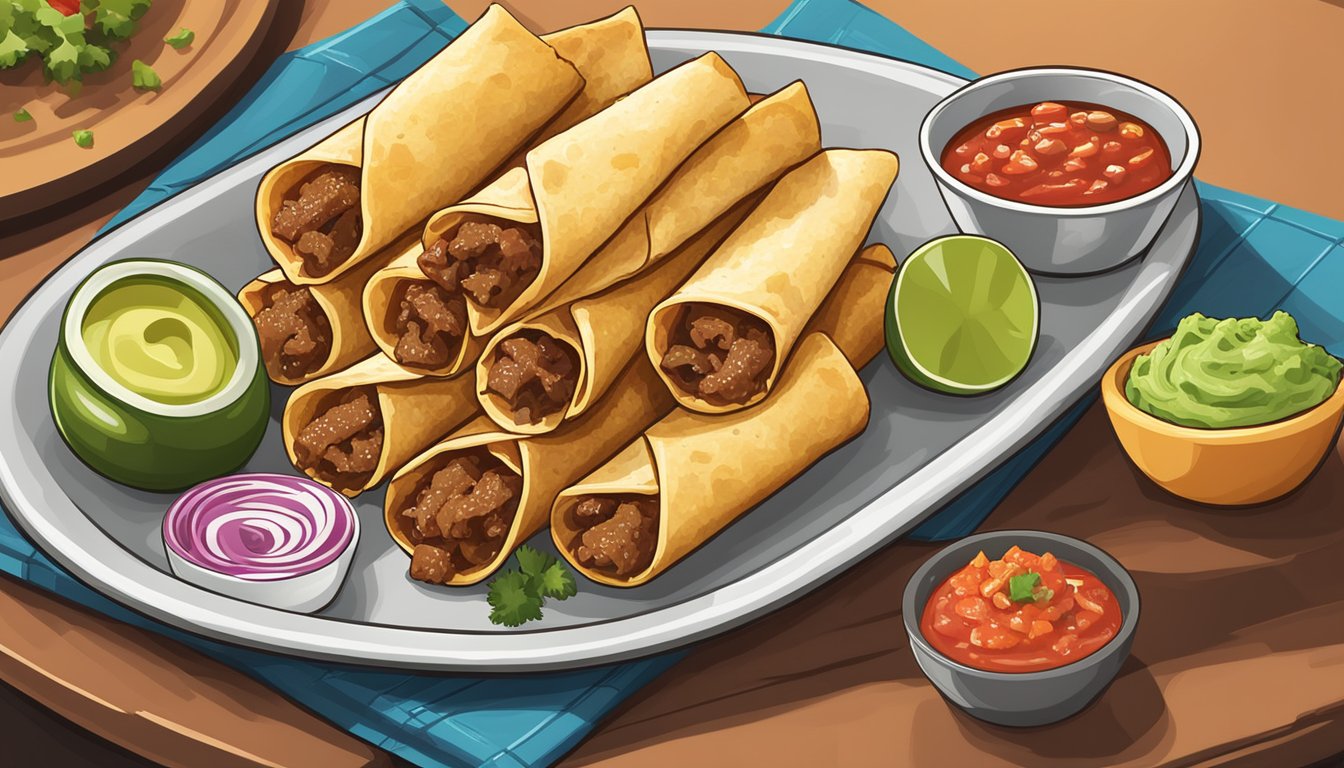 A plate of beef taquitos sits on a table. The crispy shells are filled with seasoned beef and topped with a sprinkle of cheese. A side of salsa and guacamole adds color to the scene