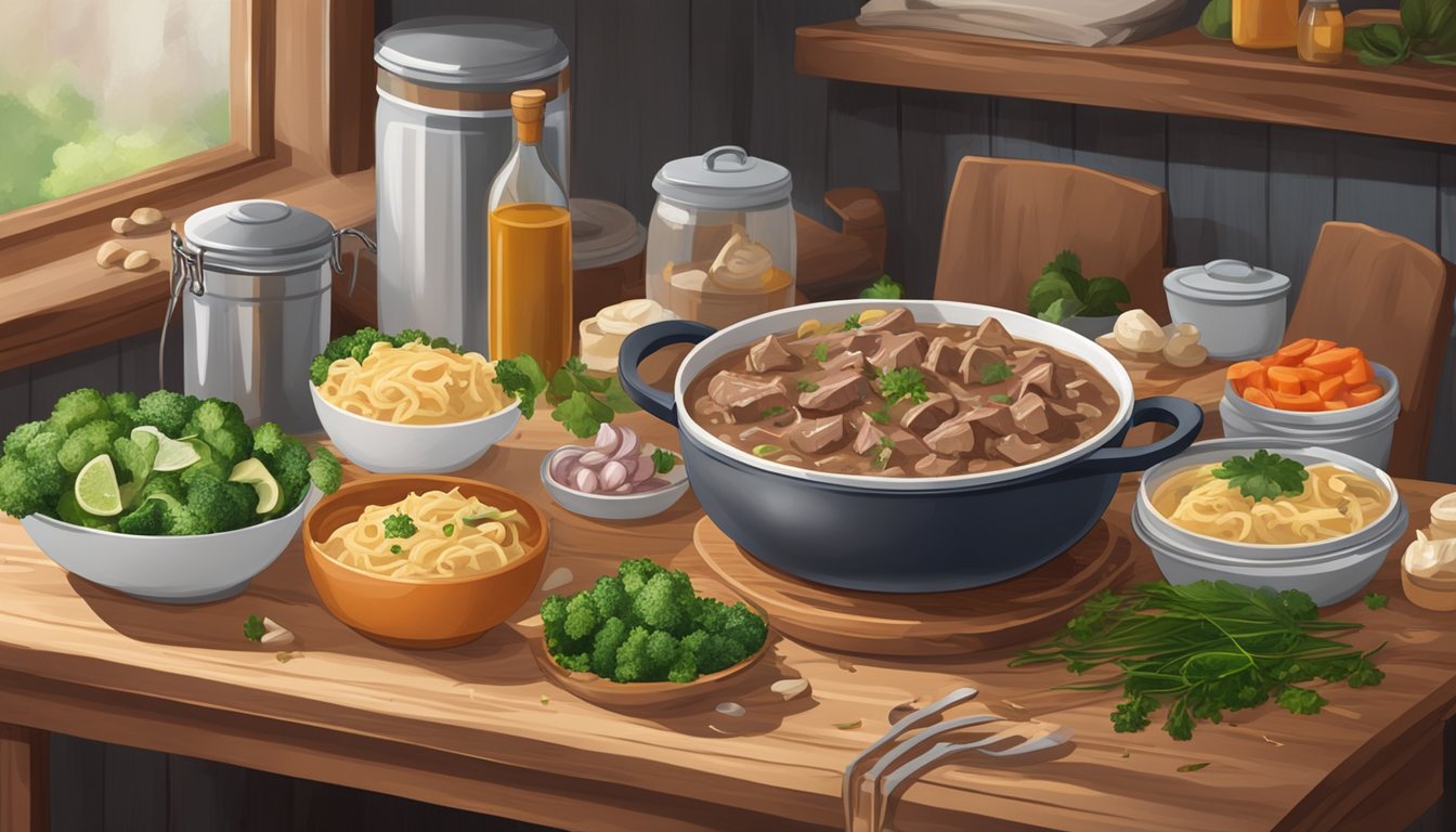 A steaming bowl of beef stroganoff sits on a wooden table, surrounded by various storage containers and ingredients