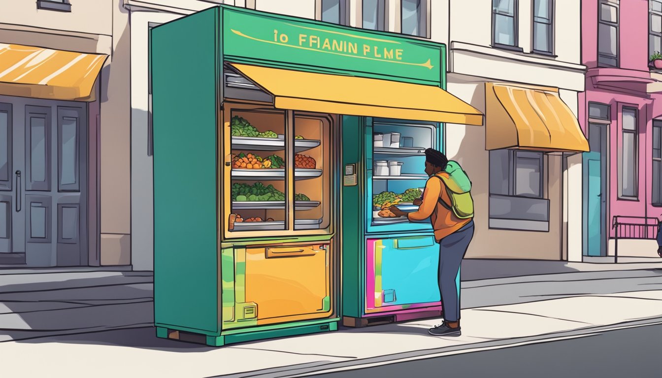 A person placing food inside a brightly painted community fridge on a street corner, with a sign indicating it is available to anyone in need