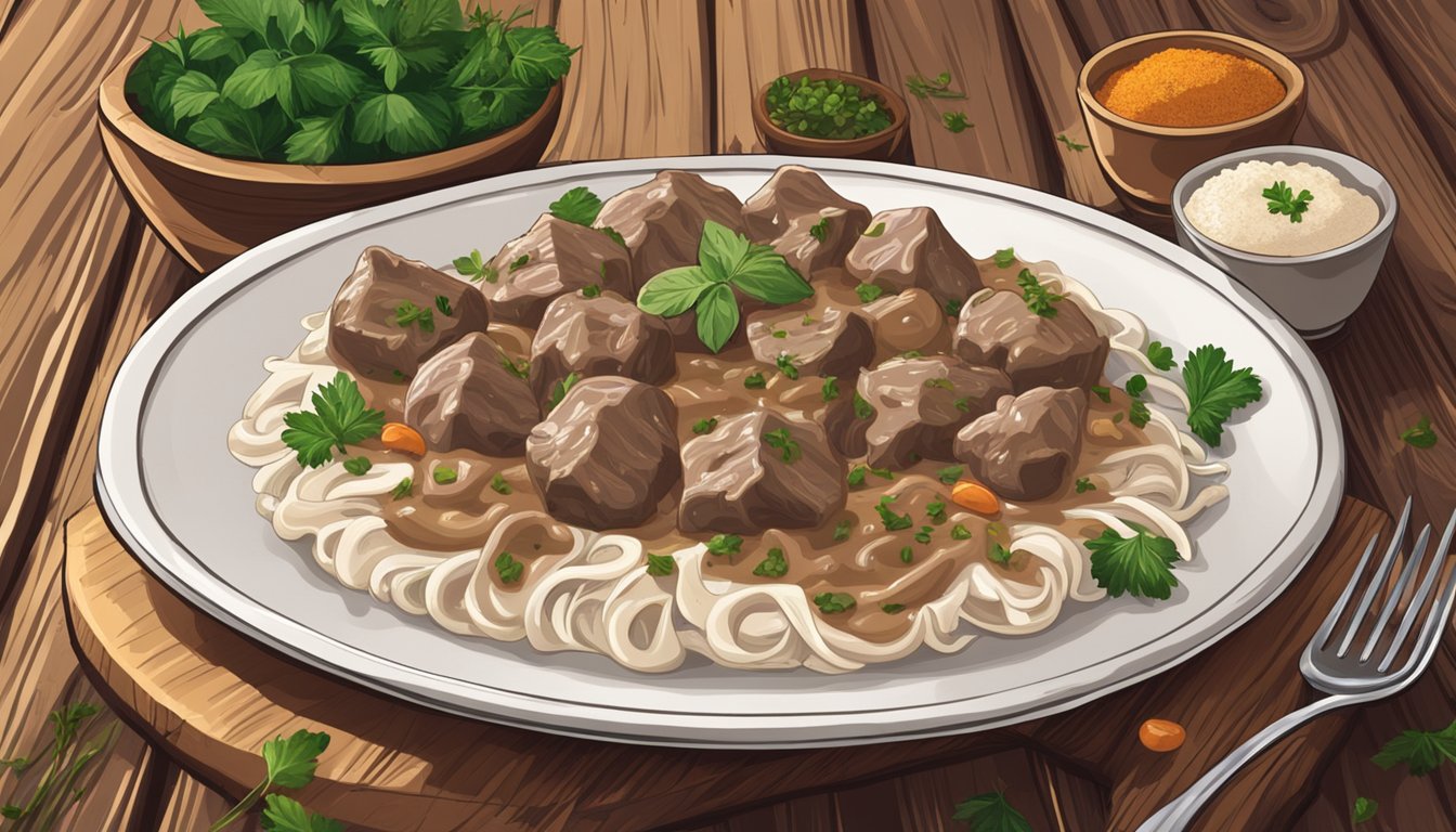 A plate of beef stroganoff bites sits on a wooden table, surrounded by fresh herbs and spices. The steam rises from the hot, creamy dish, emphasizing its freshness and taste