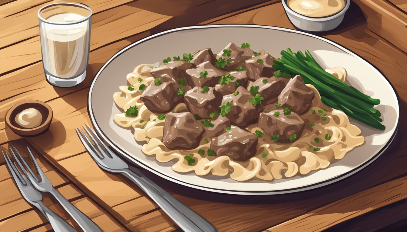 A plate of beef stroganoff bites sits on a wooden table, surrounded by garnishes and a fork. The creamy sauce glistens under warm lighting