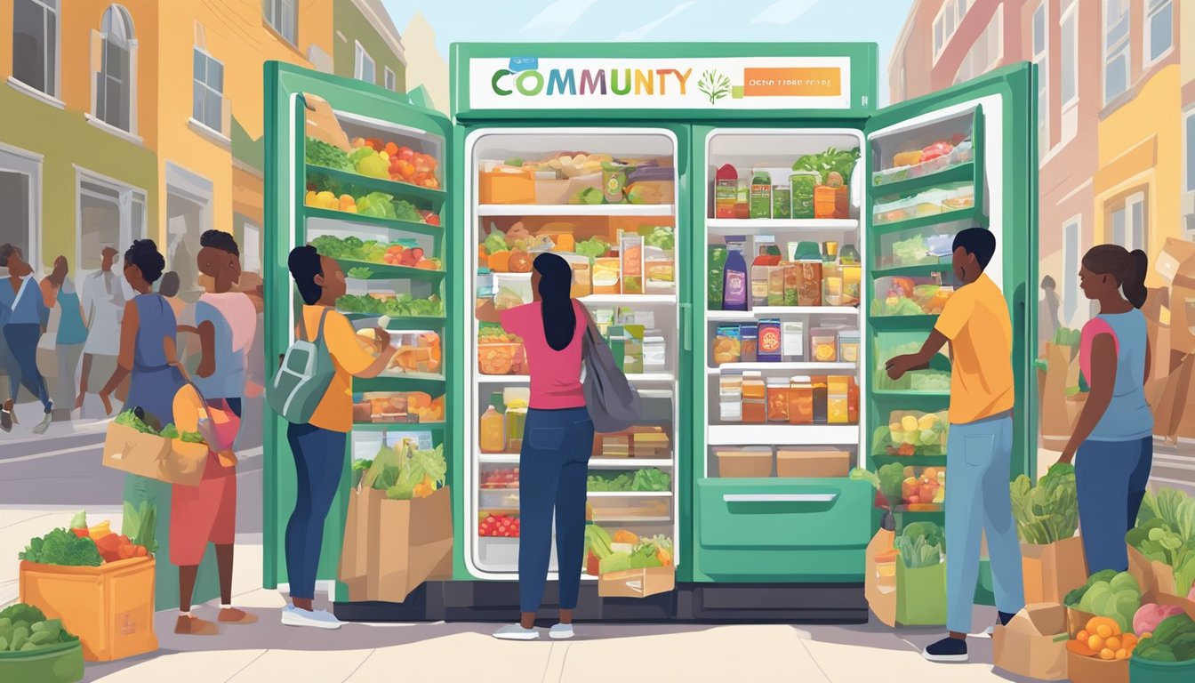 A colorful community fridge adorned with local artwork and filled with fresh produce and pantry items, surrounded by a diverse group of people making donations