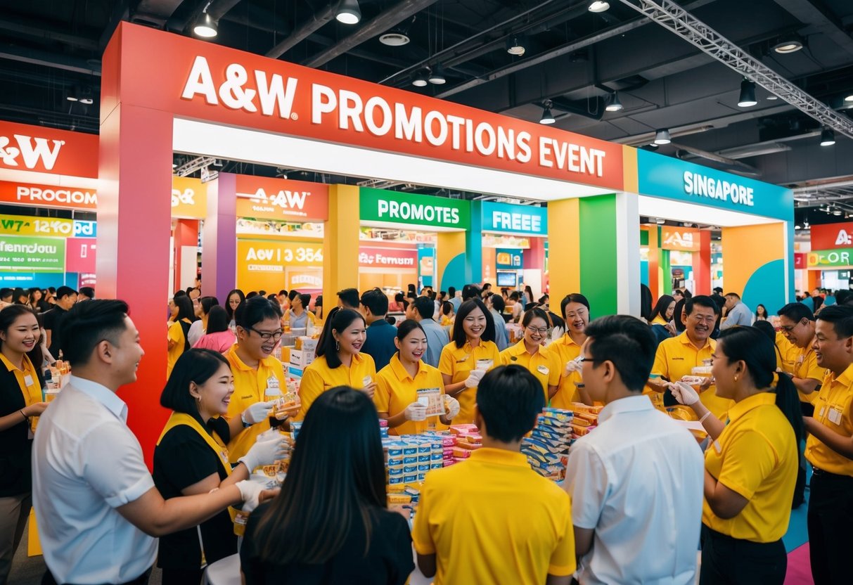 A bustling A&W promotions event in Singapore, with colorful signs, excited customers, and staff handing out free samples