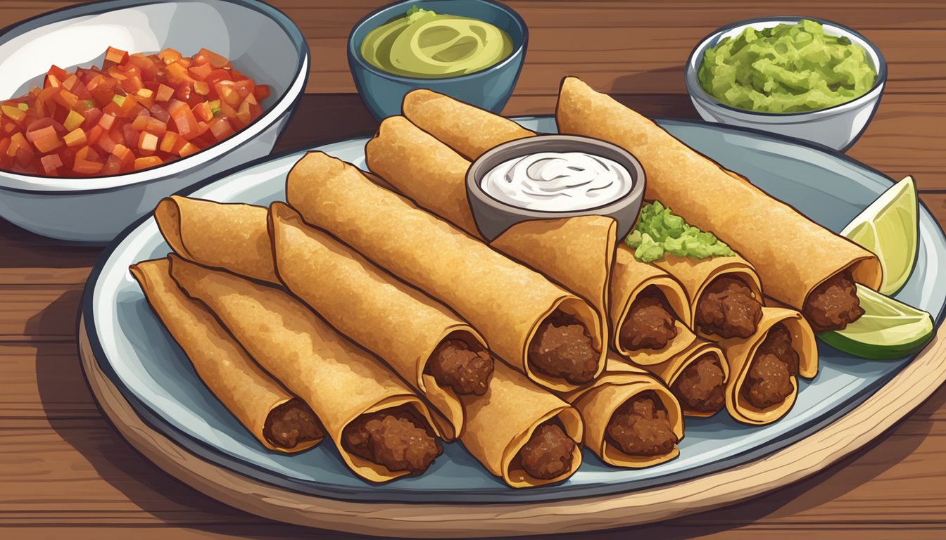 A plate of freshly fried beef taquitos sits on a wooden cutting board, surrounded by colorful toppings like salsa, guacamole, and sour cream