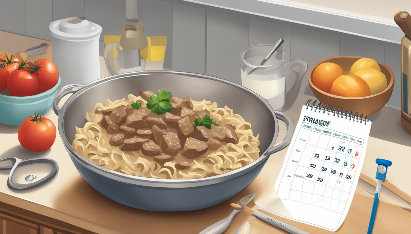 A beef stroganoff bowl sits on a kitchen counter. A calendar nearby shows the current date, and a thermometer indicates the temperature of the room