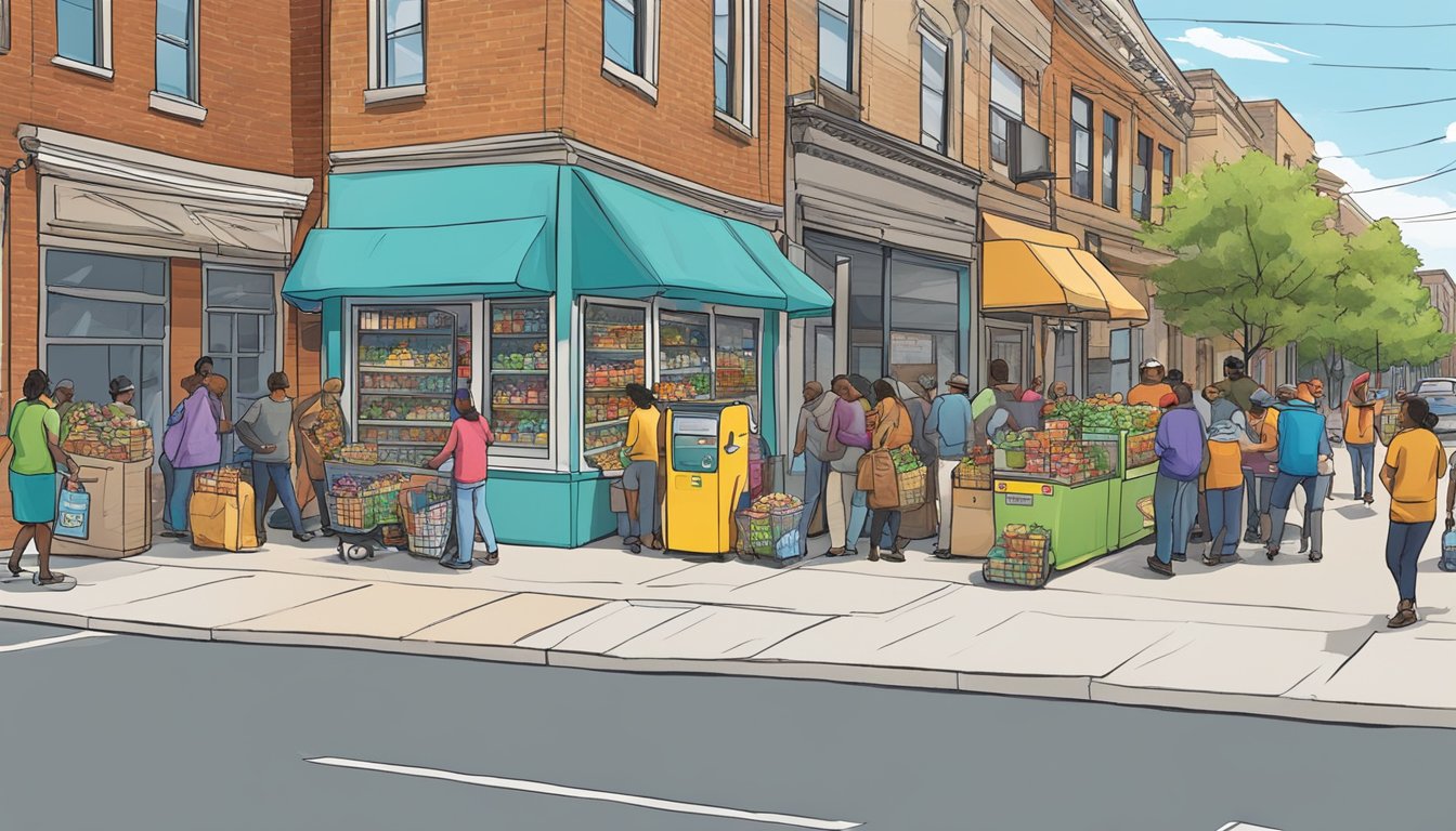 A bustling street corner in Kansas City, KS, with a brightly colored community fridge surrounded by people dropping off and picking up food items