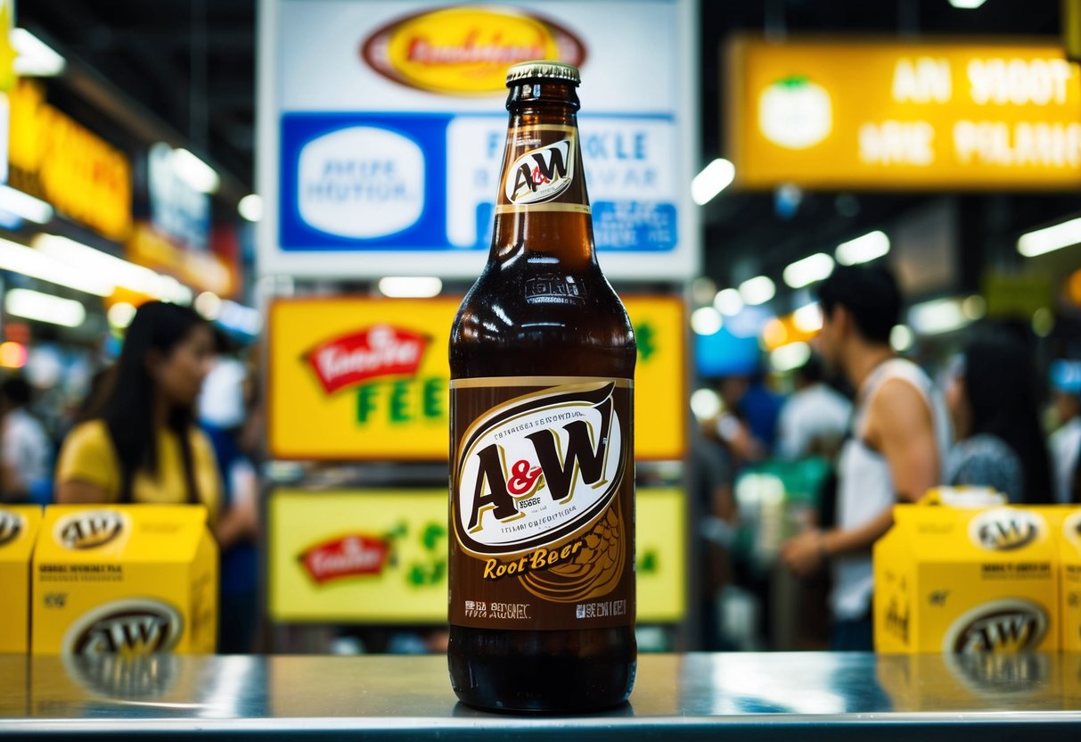An A&W Root Beer bottle surrounded by promotional signage in a bustling Singapore street market