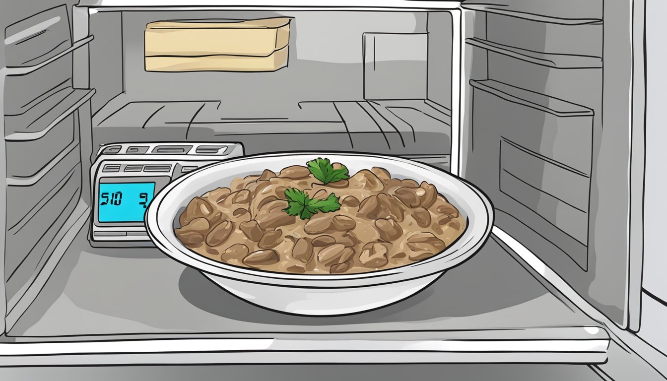 A bowl of beef stroganoff sits in a refrigerator. A microwave timer shows 2 minutes